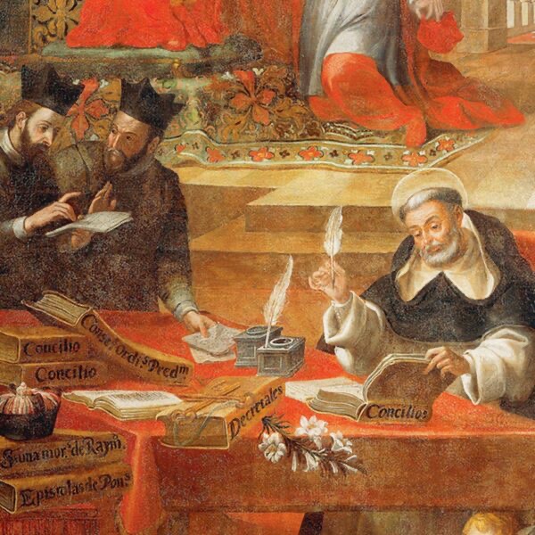 Peinture ancienne représentant des clercs rédigeant les décrétales.